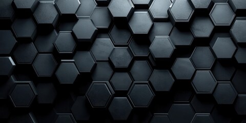 stacked dark metallic hexagonal tiles forming a 3d honeycomb pattern with deep shadows, sleek futuristic and mysterious mood