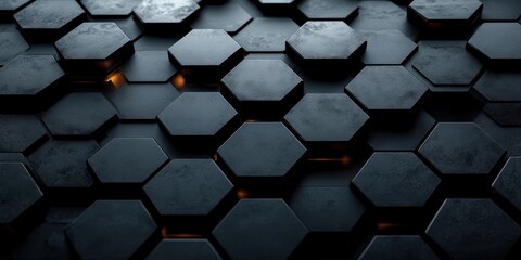 dark textured metallic hexagonal tiles forming a layered honeycomb grid with subtle warm orange glows between seams, evoking a sleek futuristic mysterious mood