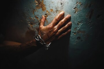 Close-up of a chained hand pressed against a peeling rusted wall, wet and dirty skin showing desperation and confinement