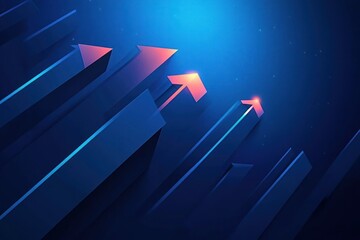 abstract 3d blue geometric columns with glowing pink arrowheads rising toward bright light, conveying dynamic upward progress and ambition