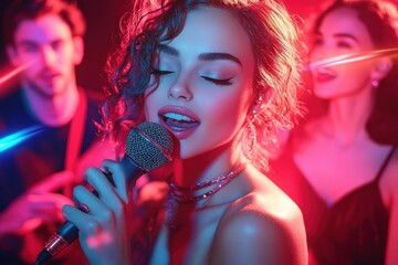 Singer holding microphone on stage with colorful red and blue lights, two backing vocalists, glittering necklaces and rings, short curly hair, confident and sultry performance