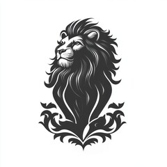 Obraz premium regal monochrome lion bust with flowing mane and ornamental heraldic flourishes, proud noble expression