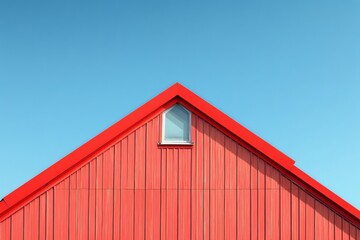 Fototapeta premium Bright red gable with small attic window and vertical panel cladding against clear blue sky, a minimalist and cheerful geometric composition
