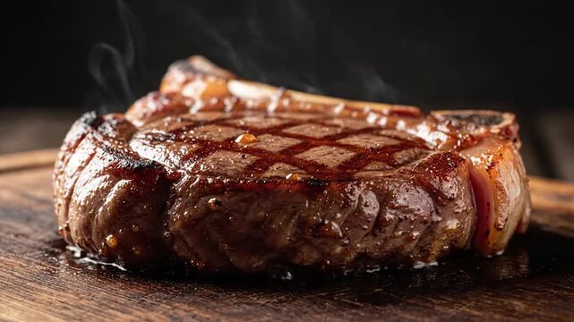 Juicy Grilled Steak Sizzling with Smoke on a Wooden Board Food Photography Close Up