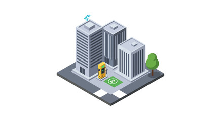 Obraz premium Modern electric car charging station in a futuristic city, showcasing sustainable urban transportation and green energy solutions for eco conscious buyers