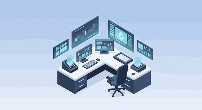 Modern cryptocurrency trading desk setup for financial analysis and investment with multiple screens displaying market data and blockchain information