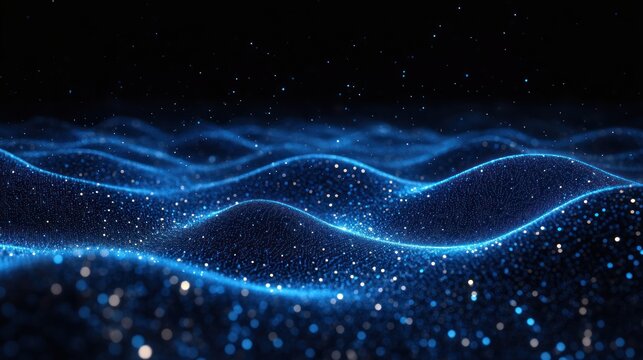 glowing blue particle waves forming an undulating digital landscape, serene futuristic and mysterious - Powered by Adobe