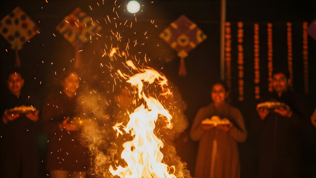 People celebrating Lohri festival around bonfire at night. Traditional winter harvest celebration in India with fire and offerings.