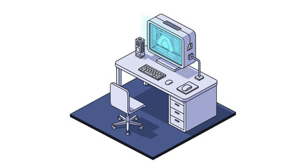 Modern isometric workspace with AI computer on desk for futuristic tech projects, digital innovation, and technology backgrounds. Perfect for startups