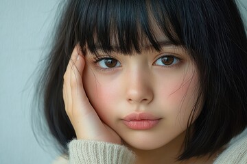 person with short dark bob haircut touching side of head wearing cream knit sweater in a quiet contemplative mood against a pale wall