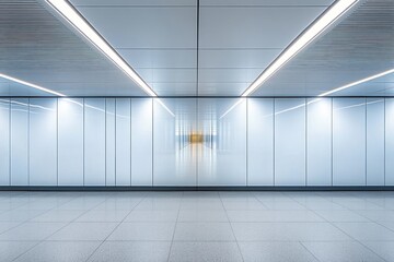 Fototapeta premium empty modern minimalist corridor with glossy white panels, linear ceiling lights and reflective tiled floor leading to a distant warm glow, calm futuristic symmetrical space
