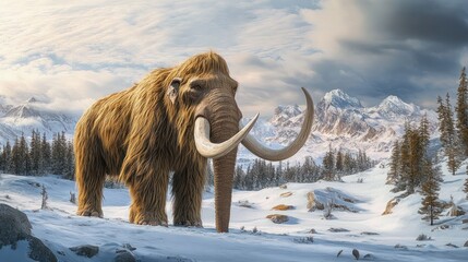 Majestic woolly mammoth standing alone on a snow-covered plain with towering tusks, surrounded by pine trees and distant snowy mountains under a dramatic cloudy sky evoking awe and solitude