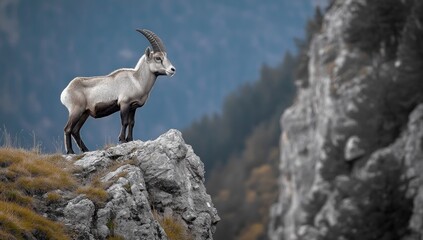 Obraz premium Solitary ibex standing on a rocky cliff overlooking a misty alpine valley, vigilant and majestic
