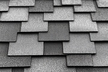 close-up of overlapping gray asphalt roof shingles with granulated texture and repetitive geometric pattern, evoking a calm orderly architectural detail
