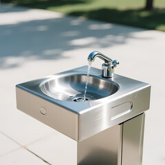 Public drinking water fountain, stainless steel surface, minimal surroundings, clear daylight
