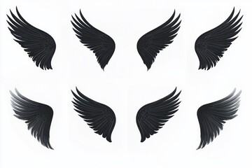 Obraz premium Eight stylized black feathered wings arranged in two rows on a white background, mirrored pairs creating an elegant, mysterious and dramatic graphic composition
