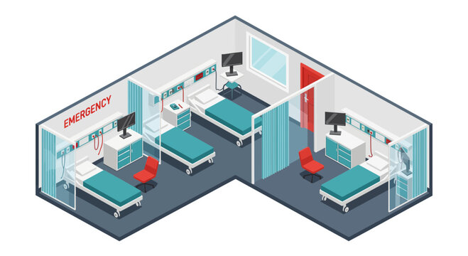 Isometric emergency room with beds, chairs, and equipment providing a sense of calm and readiness for medical care, conveying safety and professional service