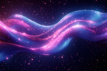 ethereal glowing pink and blue ribbons of light and sparkling particles flowing across a dark starry background conveying wonder and serene motion