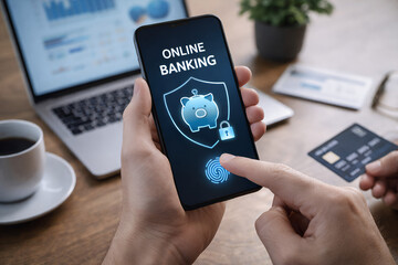 Secure online banking on smartphone with biometric authentication and digital payment concept