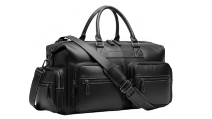 Black leather travel bag with pouches isolated on transparent background