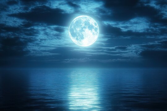Full moon glowing above a calm ocean with clouds and a shimmering moonlight reflection, tranquil and mystical blue night seascape