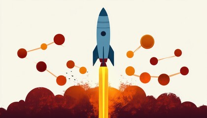 blue rocket launching with bright yellow flame and red orange smoke clouds surrounded by connected orange and red circular nodes on a pale background conveying energy and ambition