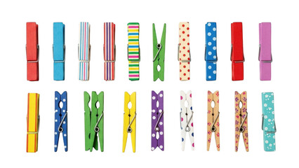 Collection of colorful clothespins isolated on transparent background