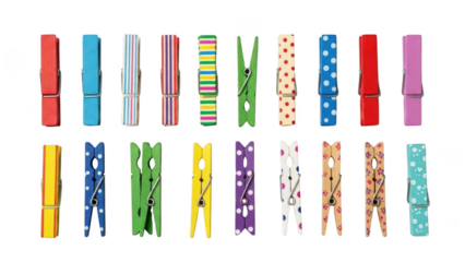Collection of colorful clothespins isolated on transparent background