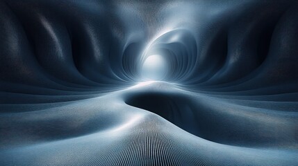 Undulating textured blue dunes forming a flowing tunnel toward a distant luminous opening, serene and ethereal with mysterious otherworldly depth and soft ambient glow