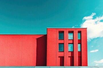 Bold red modern building facade with tall rectangular windows under a vibrant turquoise sky and a single white cloud, minimalist geometric composition with strong contrasting shadow and calm mood