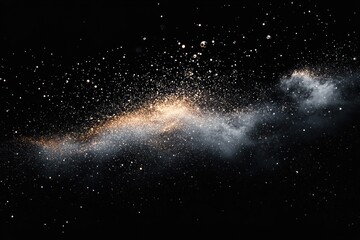 flowing cloud of golden and silver dust and sparkling specks against a deep black background, evoking awe, mystery and ethereal serenity