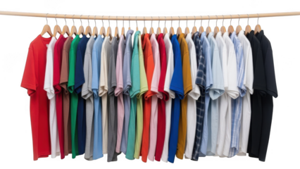 Colorful shirts hanging on rack isolated on transparent background