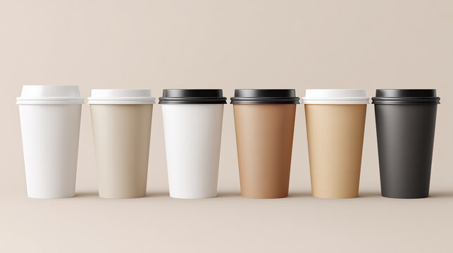 さまざまなカラーリングのカフェ向け紙製コーヒーカップが並ぶ様子　デザインモックアップ用