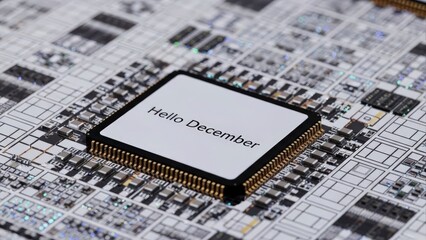 Close-up of a Computer Microchip with Hello December Text on a Circuit Board.