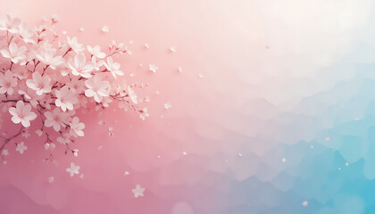 Delicate cherry blossom petals falling against a soft pink and blue gradient background