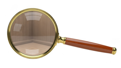 Magnifying glass showing empty room isolated on transparent background