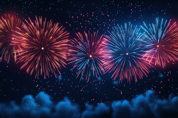 vibrant red and blue fireworks bursting across a starry night sky above drifting blue smoke, a festive awe-inspiring display