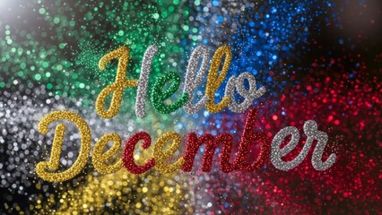 Sparkling Hello December Text Overlay on Glitter Background.
