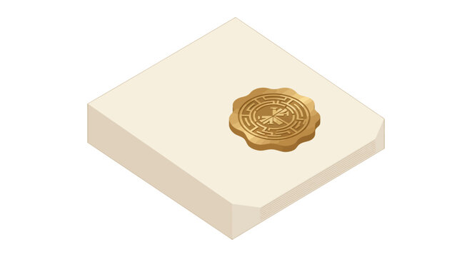 isometric legal document with golden wax seal stamp on blank paper stack symbolizing certified contract notarized agreement template
