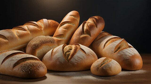 A Variety of Freshly Baked Breads Displayed on a Wooden Surface, Ready to Be Enjoyed