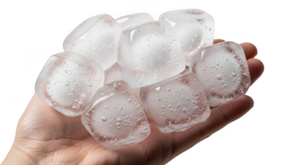 Hand holding ice cubes isolated on transparent background