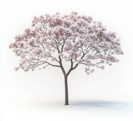 Solitary flowering tree with pale pink blossoms and delicate branching, serene and elegant against a clean white background