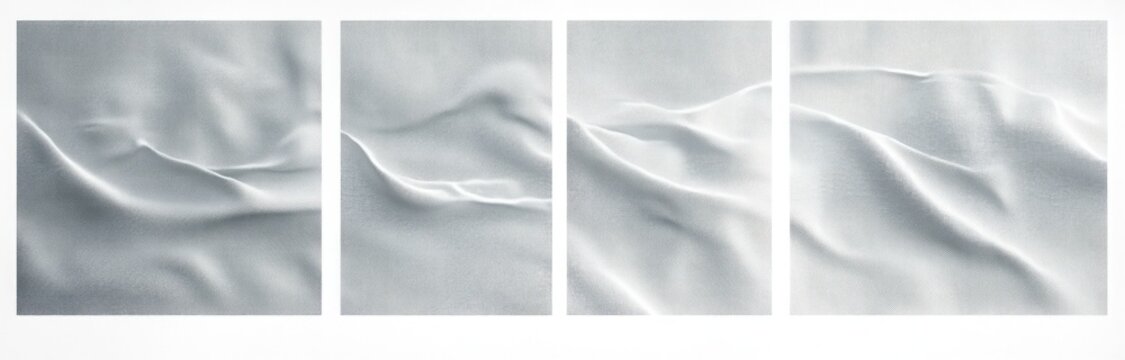 four square panels of light gray textured fabric with gentle folds and soft shadows conveying a serene minimalist abstract composition