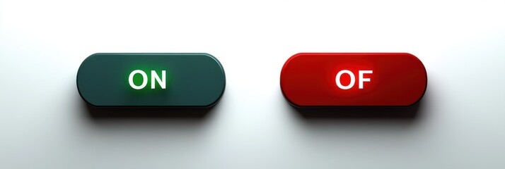 Minimalist pair of glossy rounded toggle buttons on a white background, left dark green glowing "ON", right red glowing "OF", high-contrast playful ambiguous decision mood