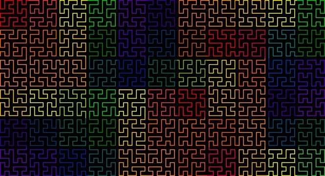 Colorful geometric maze pattern on a black background. Repeating abstract lines with neon rainbow colors, seamless modern design.