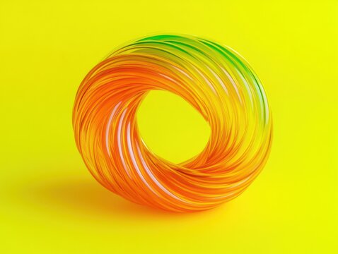 glossy swirling translucent orange and green torus on vivid yellow background conveying a playful energetic mood - Powered by Adobe