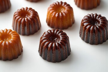glossy caramelized mini fluted cakes in golden and deep brown tones arranged on a white surface, tempting and indulgent