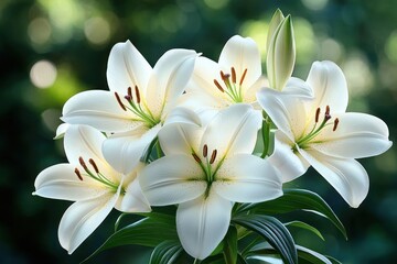 Fototapeta premium cluster of white lilies with open petals, visible stamens and a single unopened bud amid green leaves against a soft bokeh background, calm and elegant mood