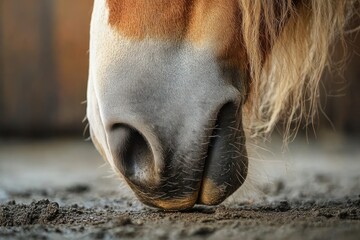 Close-up of a horse muzzle with whiskers and mane gently touching sandy ground, calm intimate moment