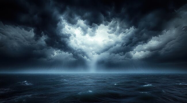 Dark storm over open ocean with heavy rain and roiling waves beneath dramatic brooding clouds, creating an ominous and powerful atmosphere